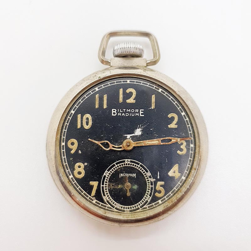 1940s Ingraham Biltmore Radium Pocket Watch for Parts Repair Vintage Radar