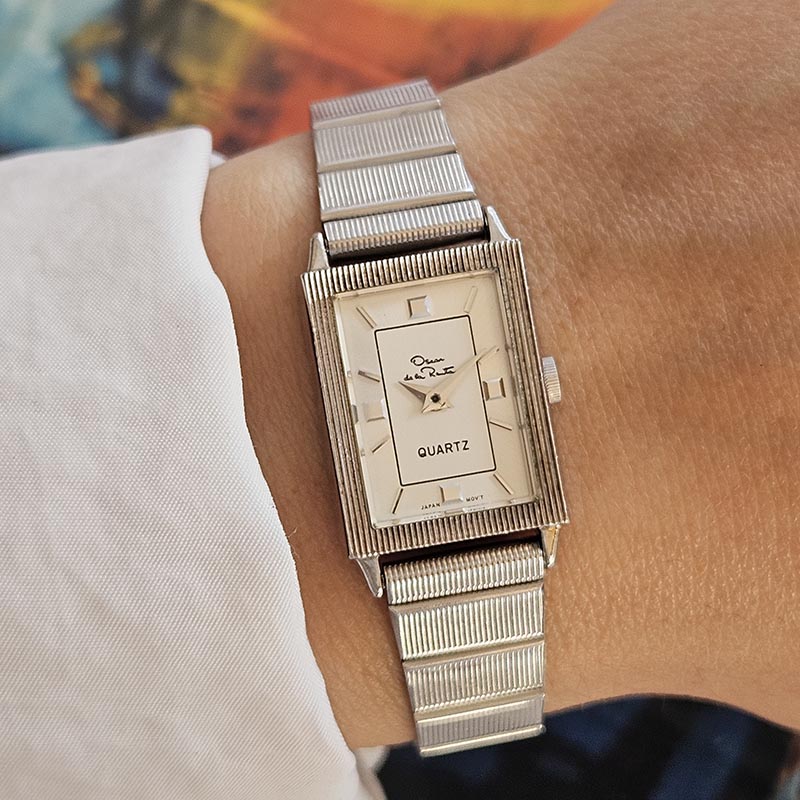 Vintage Silver-tone Oscar de la Renta Rectangular Watch for Women