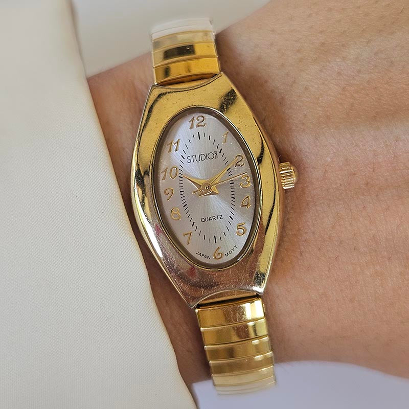 Dainty Vintage Studio Watch for Her | Tiny Gold-tone Oval  display picture 1