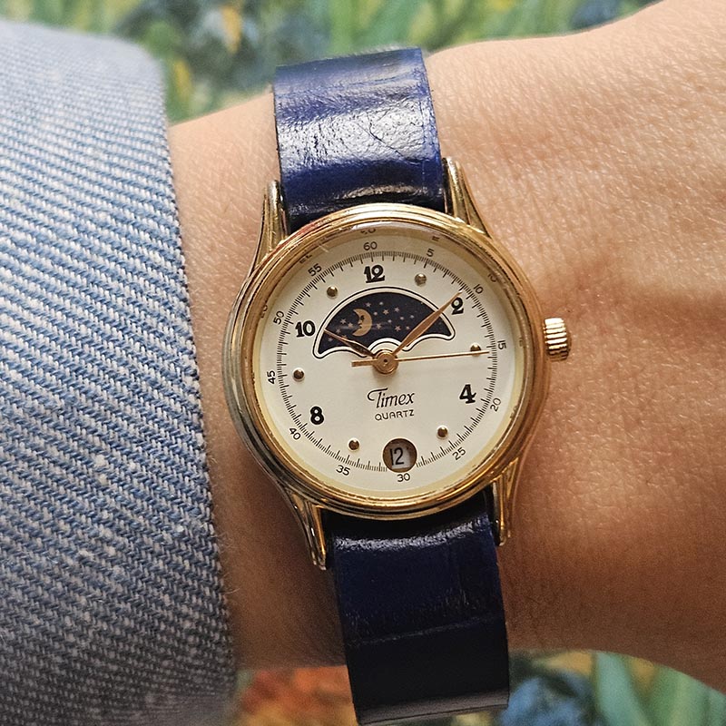 Vintage Gold-tone Moonphase Timex Watch for Women Blue Leather