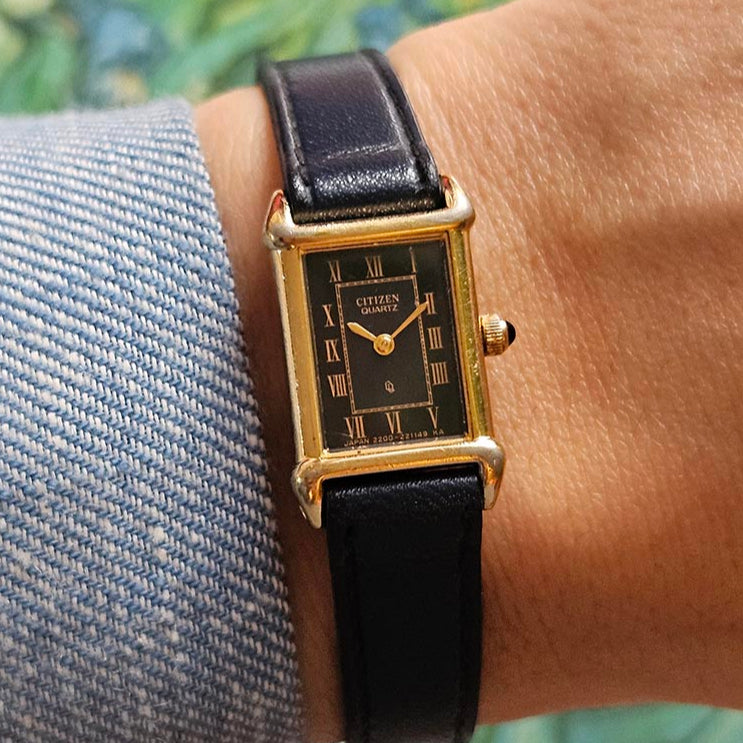 Tiny Vintage Gold-tone Citizen Tank Watch for Women with Black