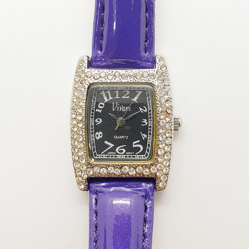 Waltman Watch with Rhinestones and Purple Dial and Strap Geneva Roman Numeral Watch, Purple Leather Buckle Band  main image 2