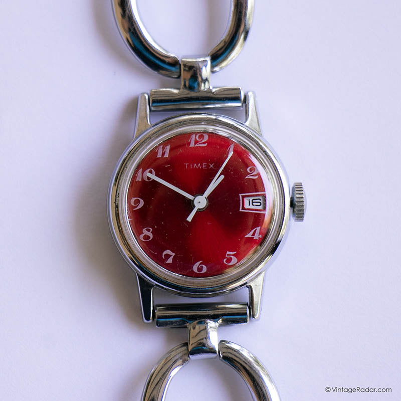 【稼働○、超レア】TIMEX 手巻き ヴィンテージ 赤文字盤 コレクターアイテム Rare 1980s Red-Dial Timex Mechanical Ladies Watch Silver-tone