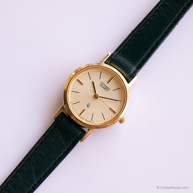 Vintage Gold-tone Citizen Quartz Watch for Her with Navy Leather