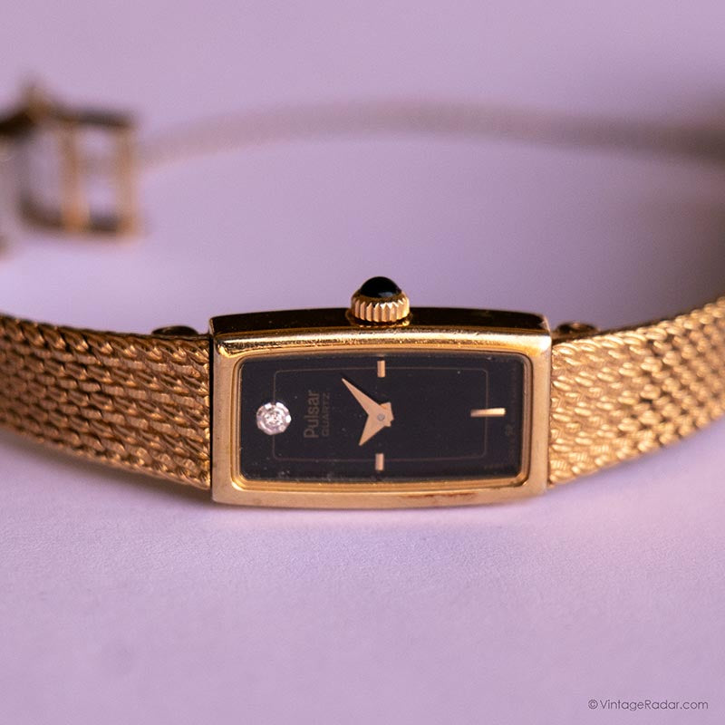 Working! Vintage Pulsar Gold Tone Ladies Watch | Dainty Mesh Band Tank Style Pulsar Women main image 2