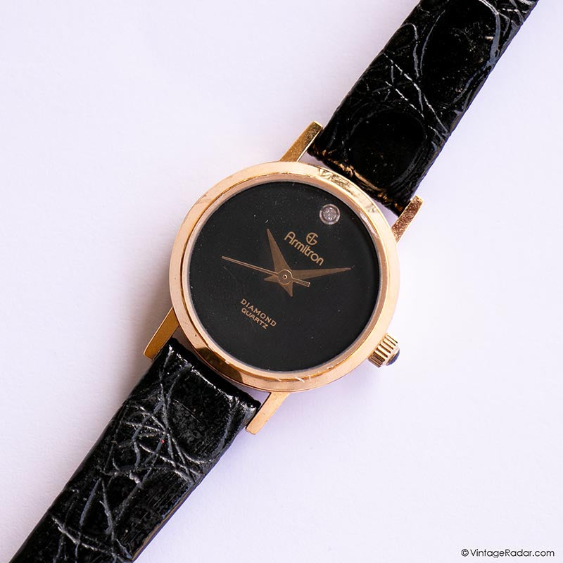 VIntage Armitron Womens Watch Black Face Gold Tone 52 Genuine Swarovski Crystals Vintage Black-Dial Armitron Watch for Women | Gold-tone  main image 2