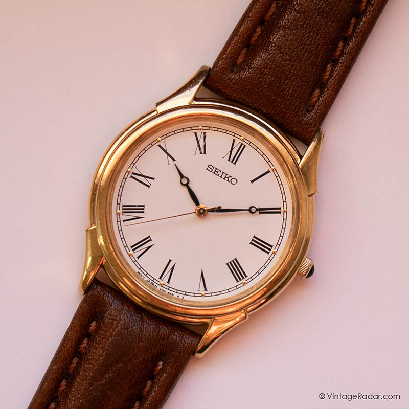 SEIKO SLOBE ブラウンレザー時計 Vintage Seiko V701-1920 R1 Japan Quartz Watch for Men Roman