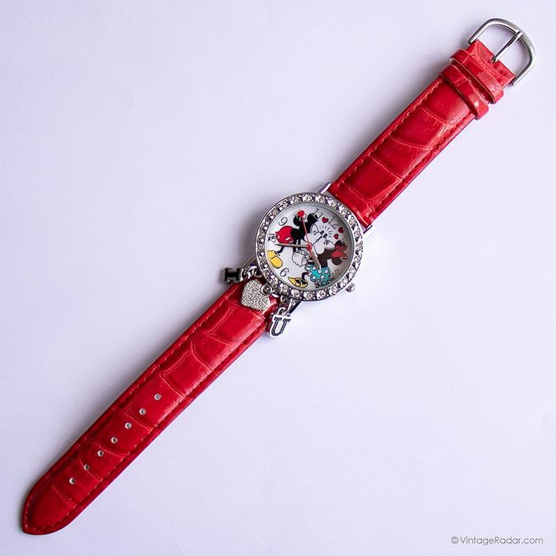 Vintage Silver-tone Minnie and Mickey Mouse Watch with Red 