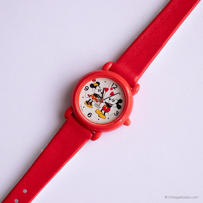 Vintage Mickey Mouse Minnie Lorus Watch w Box Red RARE Vintage Red Mickey and Minnie Mouse Lorus Watch V821  main image 3