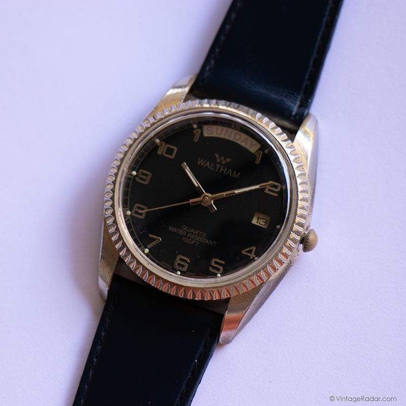 Vintage Black-Dial Waltham Day Date Watch for Gents Navy Leather