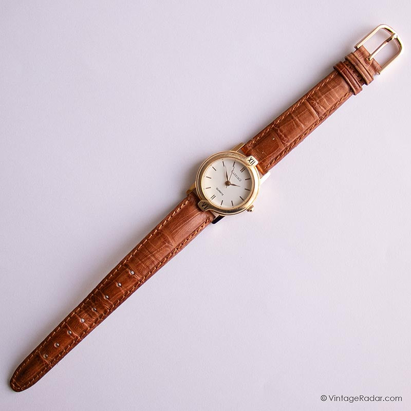 Cuarzo de damas de carruaje de oro vintage reloj con correa marrón