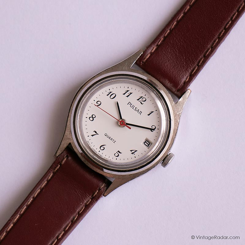 Vintage Silver-tone Pulsar Date Watch for Women with Brown Strap - Main Image