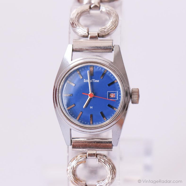 1970s Vintage Seiko School Time Stainless Steel Blue Dial Watch