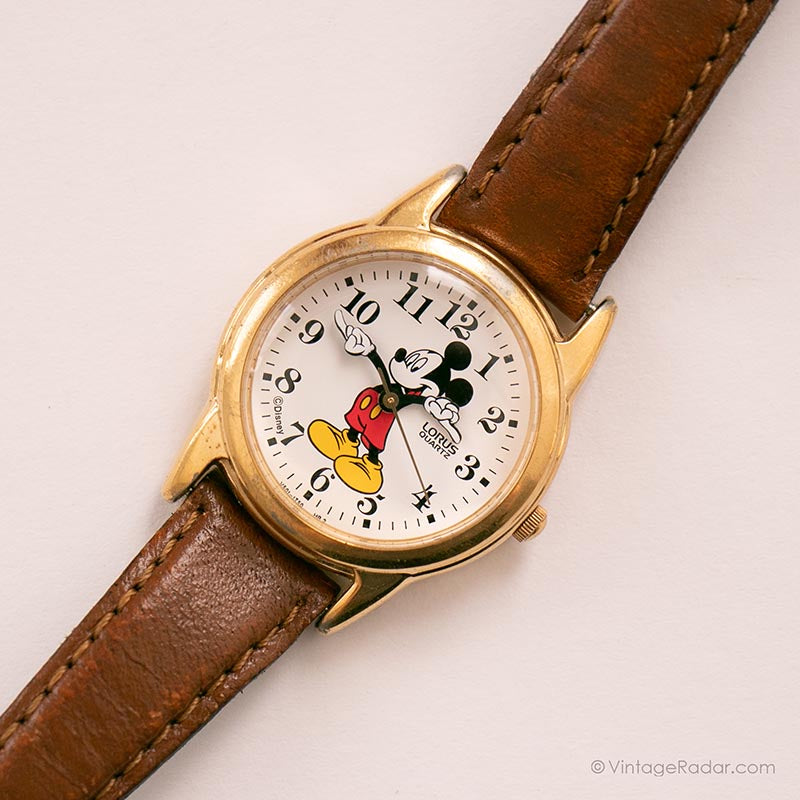 VINTAGE Lorus Mickey Mouse Gold and Brown Watch Vintage Disney Mickey Mouse Lorus Gold Face Quartz Watch  main image 4