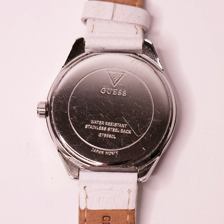 Silver-tone Guess Women's Watch White Leather Strap White