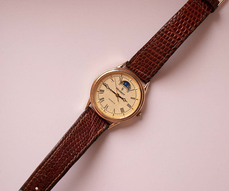 Gold-tone Peugeot Moonphase Watch with Textured Leather Strap