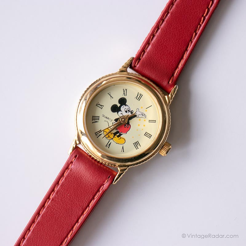 Disney old time Mickey Mouse watch Roman numerals hands red leather Vintage Mickey Mouse Wristwatch by Remex LTD 1 Jewel  main image 3