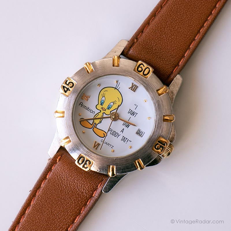 X Armitron Assymetric gold tone Tweety Bird Head / Face 3 hand movement brown 1990s Vintage Tweety-shaped Watch by Armitron | Looney Tunes  main image 2