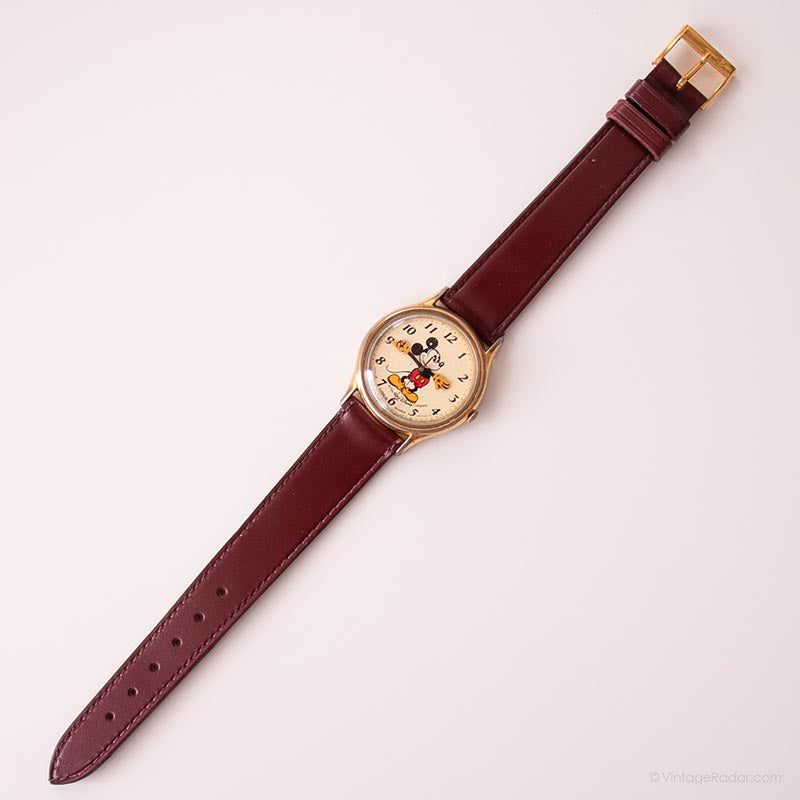 Lorus Mickey Mouse Gold and Brown Watch Lorus Mickey Mouse Watch V515 6128 Gold Dial Brown Leather  main image 2