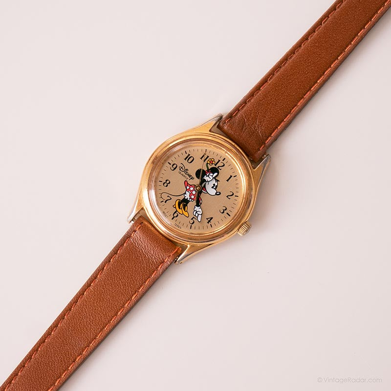 Vintage Gold-tone Minnie Mouse Watch with Brown Leather  display picture 2