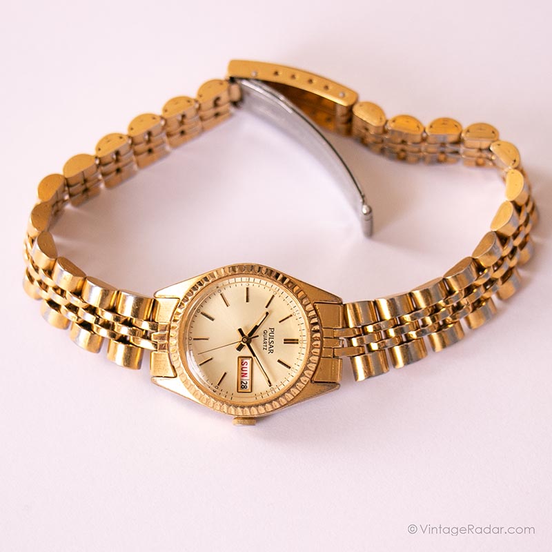 Vintage Gold-tone Pulsar by Seiko Date Watch | Ladies Dress Watch