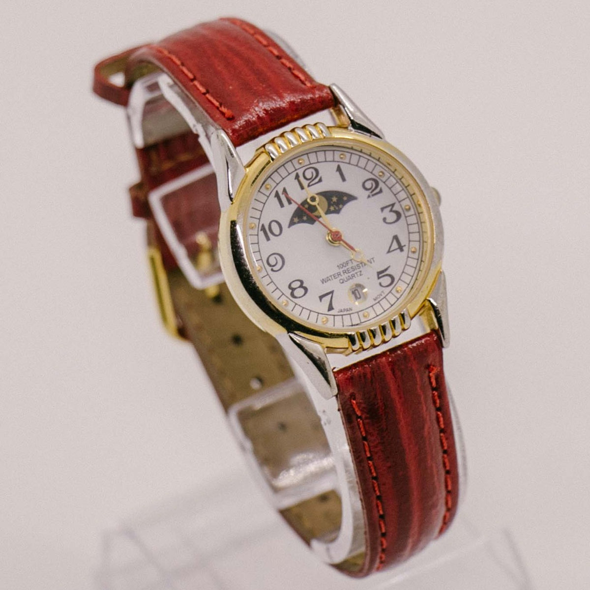 Vintage Moon Phase Quartz Watch for Ladies with Red Leather Strap
