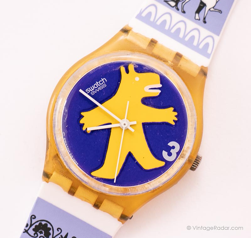 Swatch Vintage 1994 NWT Watch Model BESTIONE Yellow & Blue Bear Design s757 SWATCH Watch GJ112 BESTIONE BEAR Autographed by Artist  main image 4