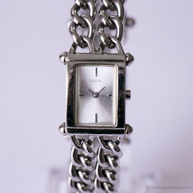 Vintage Rectangular Silver-tone Guess Watch with Chain Bracelet