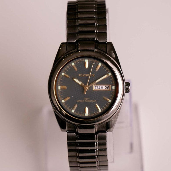 Vintage Black Elgin II Quartz Watch for Men | Water-resistant Date Watch