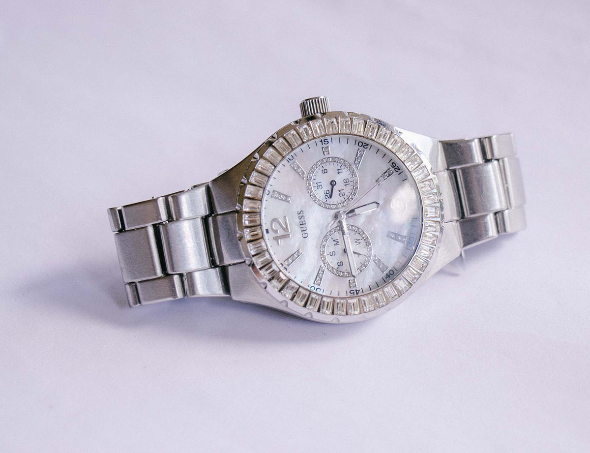 Guess Silver w/Crystals Chronograph Watch Without Band, Needs New Battery. Used Guess Chronograph Watch 38mm Silver Gold Crystal Date New  main image 3