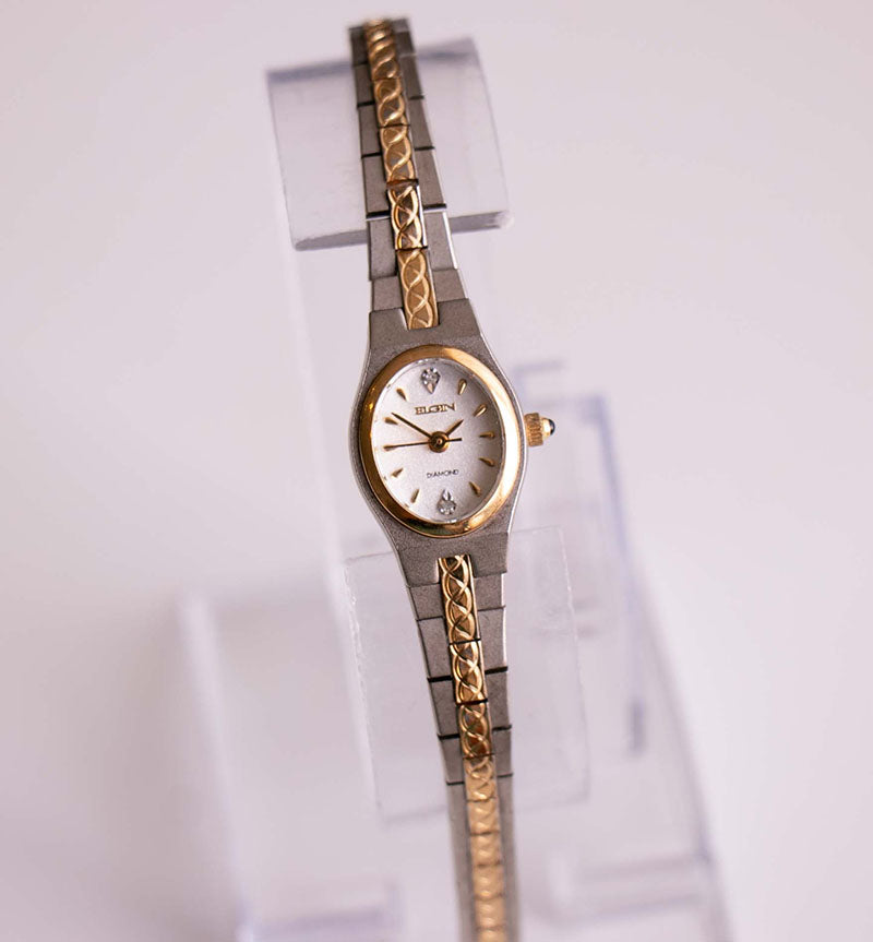 Vintage dos tonos Elgin Diamond Quartz Women's reloj Diminuto