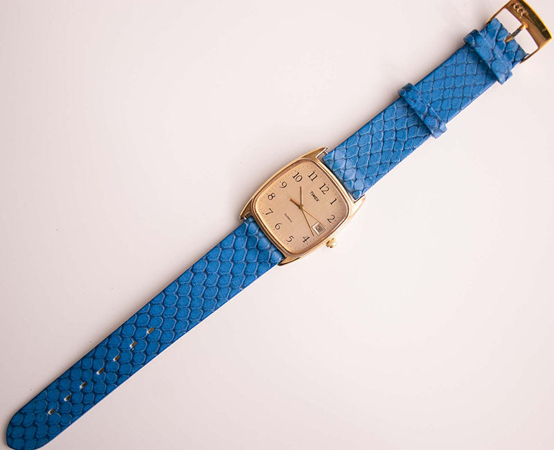 Rectangular Gold-tone Timex Quartz Watch Blue Leather Strap  display picture 3