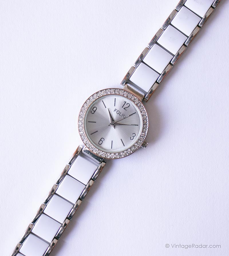 Vintage Silver-tone Folio Watch for Ladies with White Gemstones
