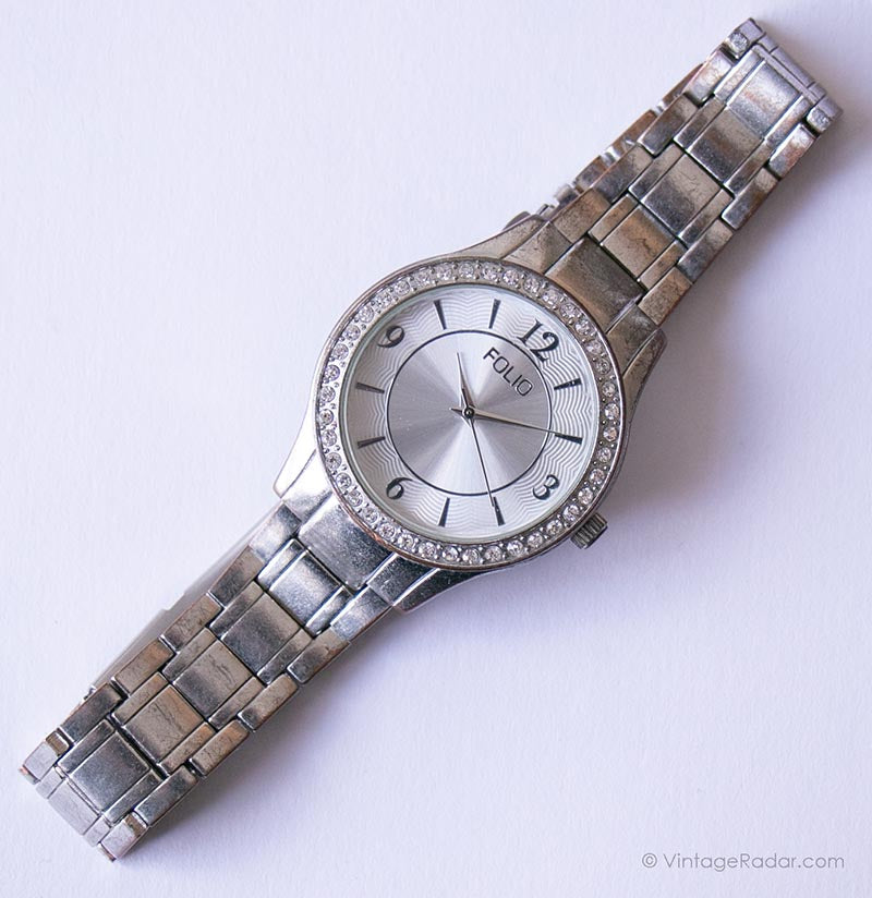 Vintage Silver-tone Folio Watch for Women with White Stones