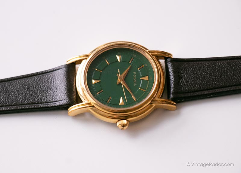 Vintage Green Dial Fossil Uhr fur Frauen Gold Ton Quarz Uhr