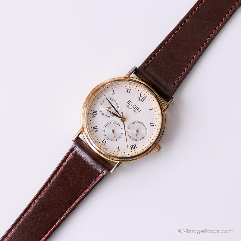 vintage ELGIN QUARTZ DAYDATE　希少品 Elgin Day-Date Quartz Watch 36mm Silver Dial Stainless Steel