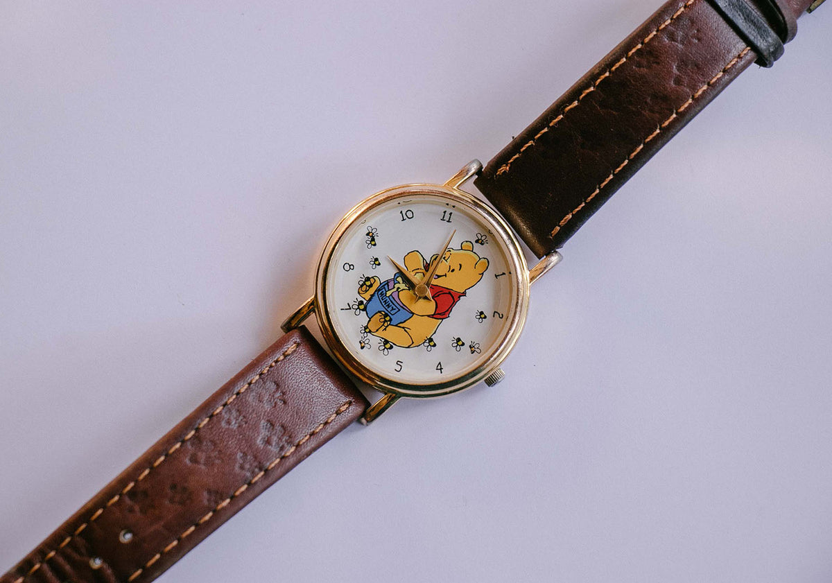 Brown Leather Old Fashioned Winnie-the-Pooh and piglet Wristwatch with Gold Case Winnie the Pooh Vintage Wrist Watches - Etsy main image 2