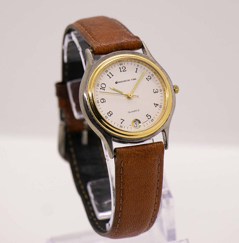 Vintage Innovative Time Quartz Watch  Unisex Date Watch Brown Strap –  Vintage Radar