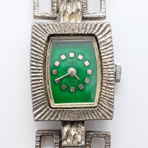 Quadrante verde Ruhla 17 Gioielli ERA Soviet URSS Watch per parti e riparazioni - Non funziona