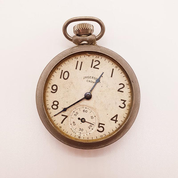 1940S Ingersoll Crown USA Pocket reloj Para piezas y reparación, no funciona