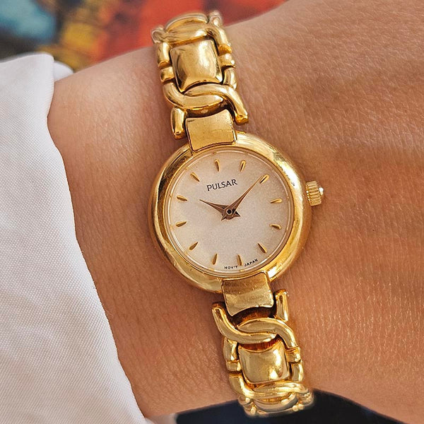 Vintage Pulsar Dress Watch for Her | Pearly Dial & Gold-tone Bracelet