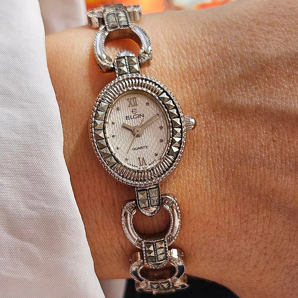 Dainty Vintage Elgin Watch for Women Elegant Silver-tone Oval
