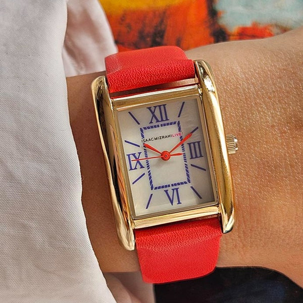 Vintage Gold-tone Isaac Mizrahi Rectangular Watch with Red Strap