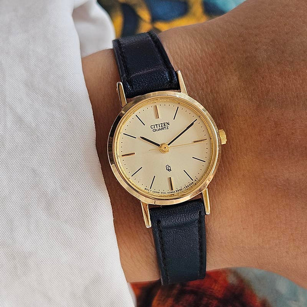 Vintage Gold-tone Citizen Quartz Watch for Her with Navy Leather