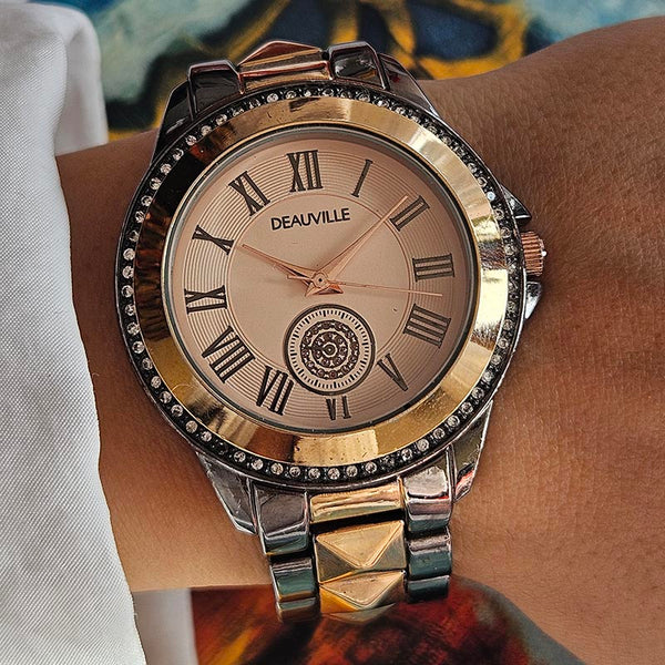Vintage Rose-gold & Black Deauville Watch for Women with Pink Dial