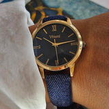 Vintage Gold-tone Vivani Ladies Watch with Blue Dial & Denim Style Strap