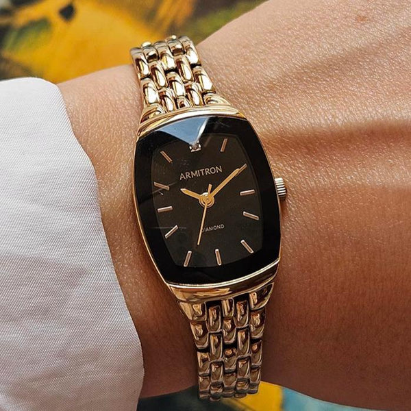 Vintage Armitron Diamond Black Dial Watch with Gold-tone Bracelet