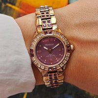 Vintage Gold-tone Purple-Dial Armitron Watch with White & Purple Stones