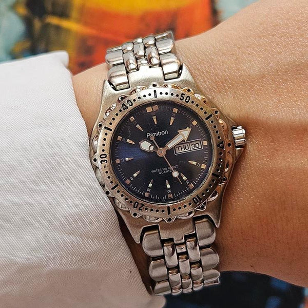 Vintage Silver-tone Armitron Day Date Watch for Women with Blue