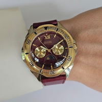 Vintage Gold-tone Guess Moonphase Watch with Burgundy Dial & Strap